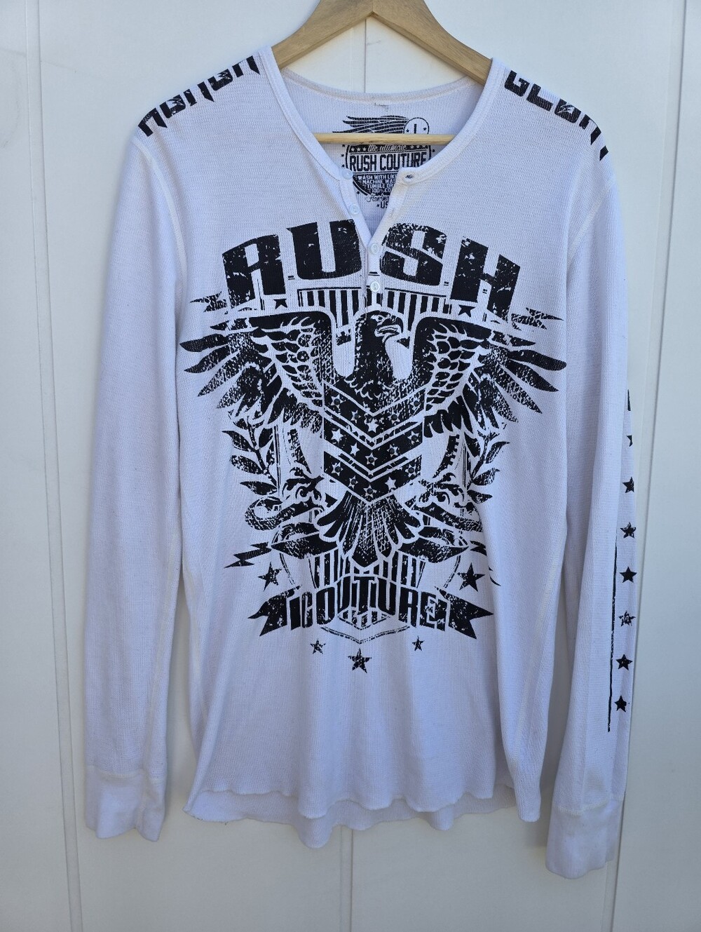 Rush Couture Waffle Knit Long Sleeve Thermal Shirt White Large
